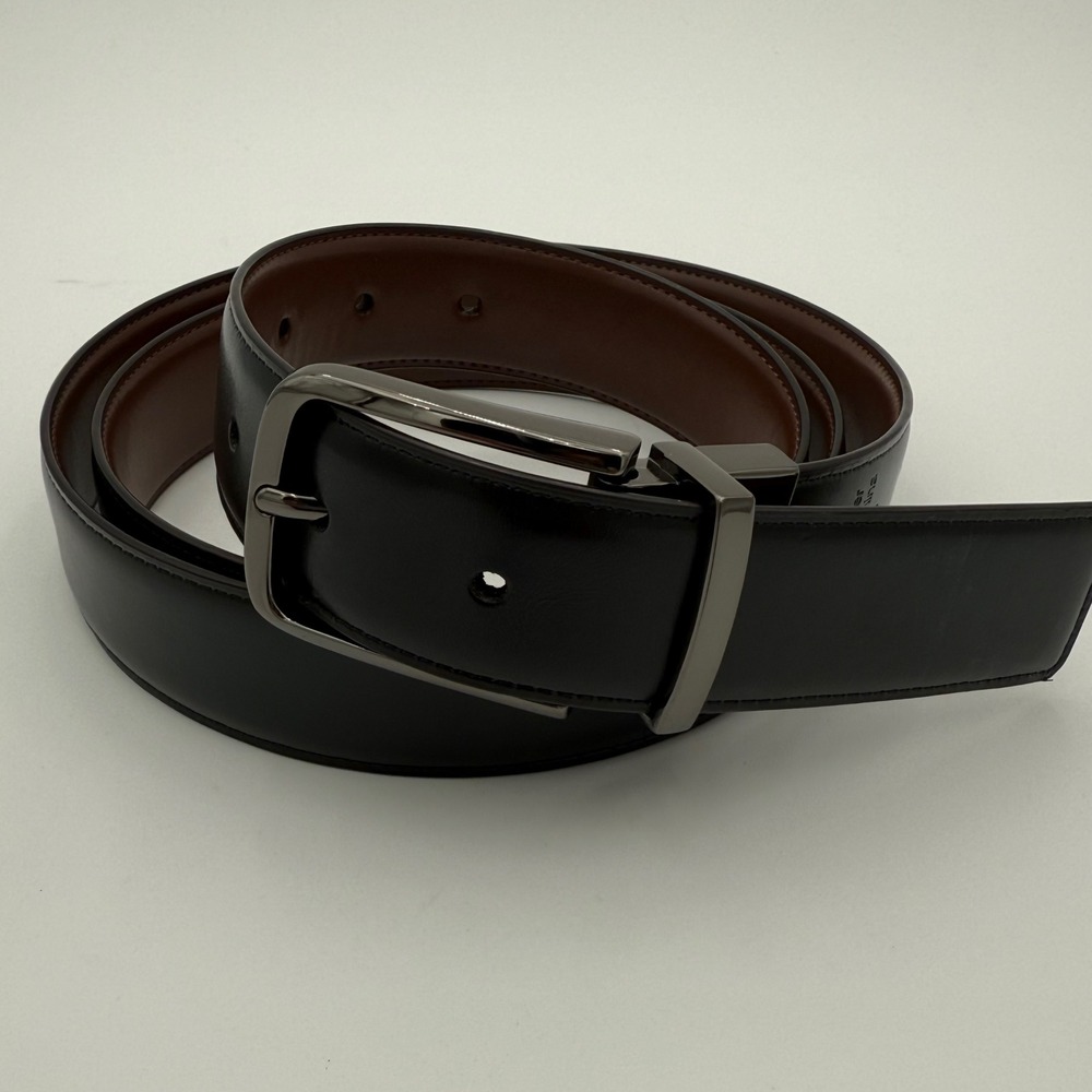 Perry Ellis Mens Reversible Belt Black Brown Faux Leather Gunmetal Buckle 44 110